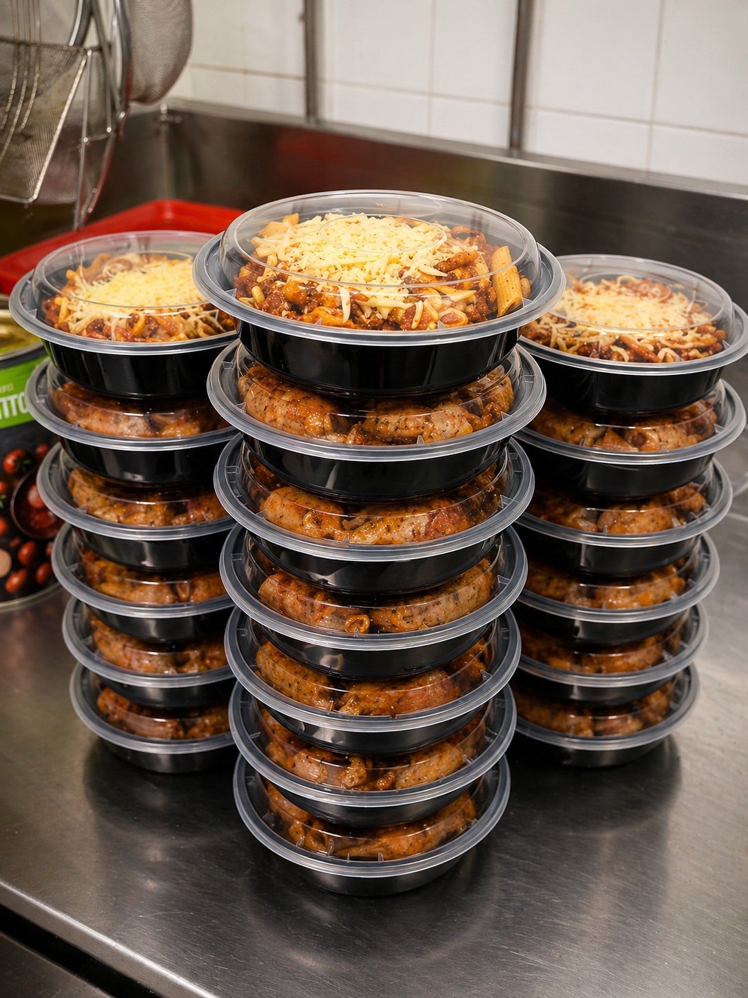 Stacked packaged pasta meals ready for service