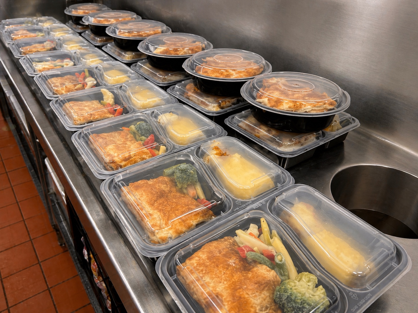 Packaged meals on bench