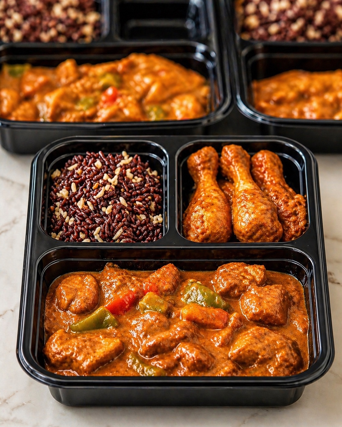 Multiple bowls of prepared meals