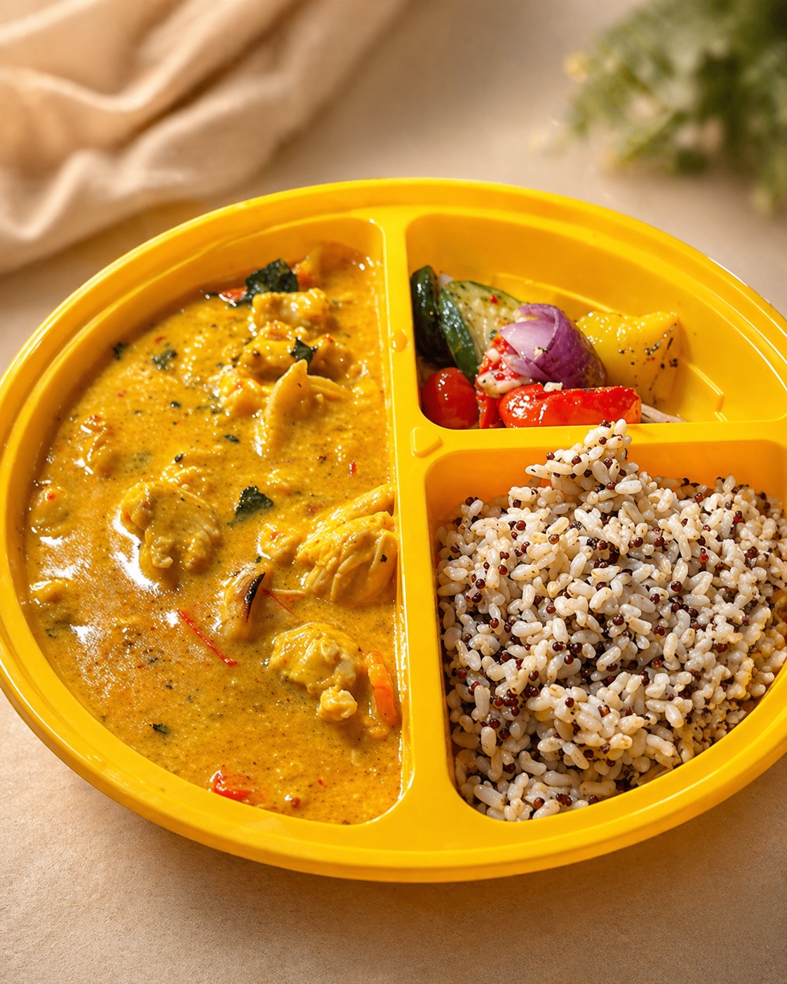 Yellow tray beef meal with grains and vegetables
